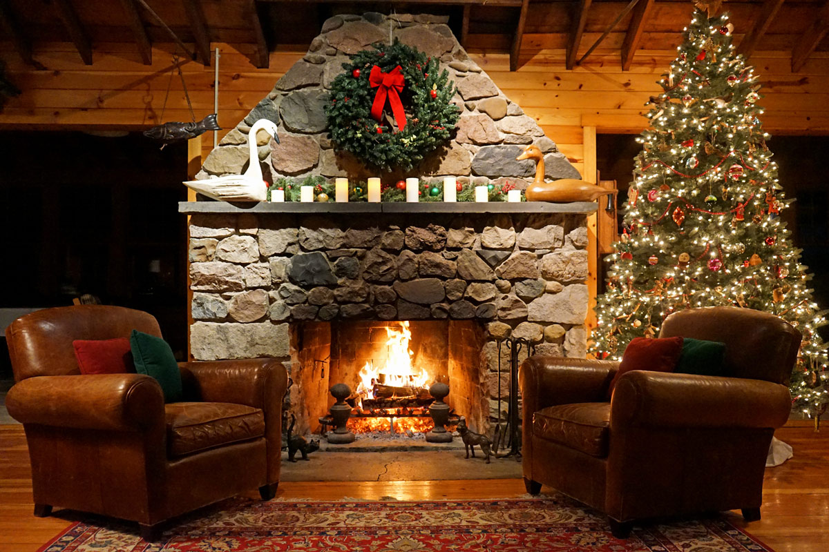 Lodge fireplace at Christmas time