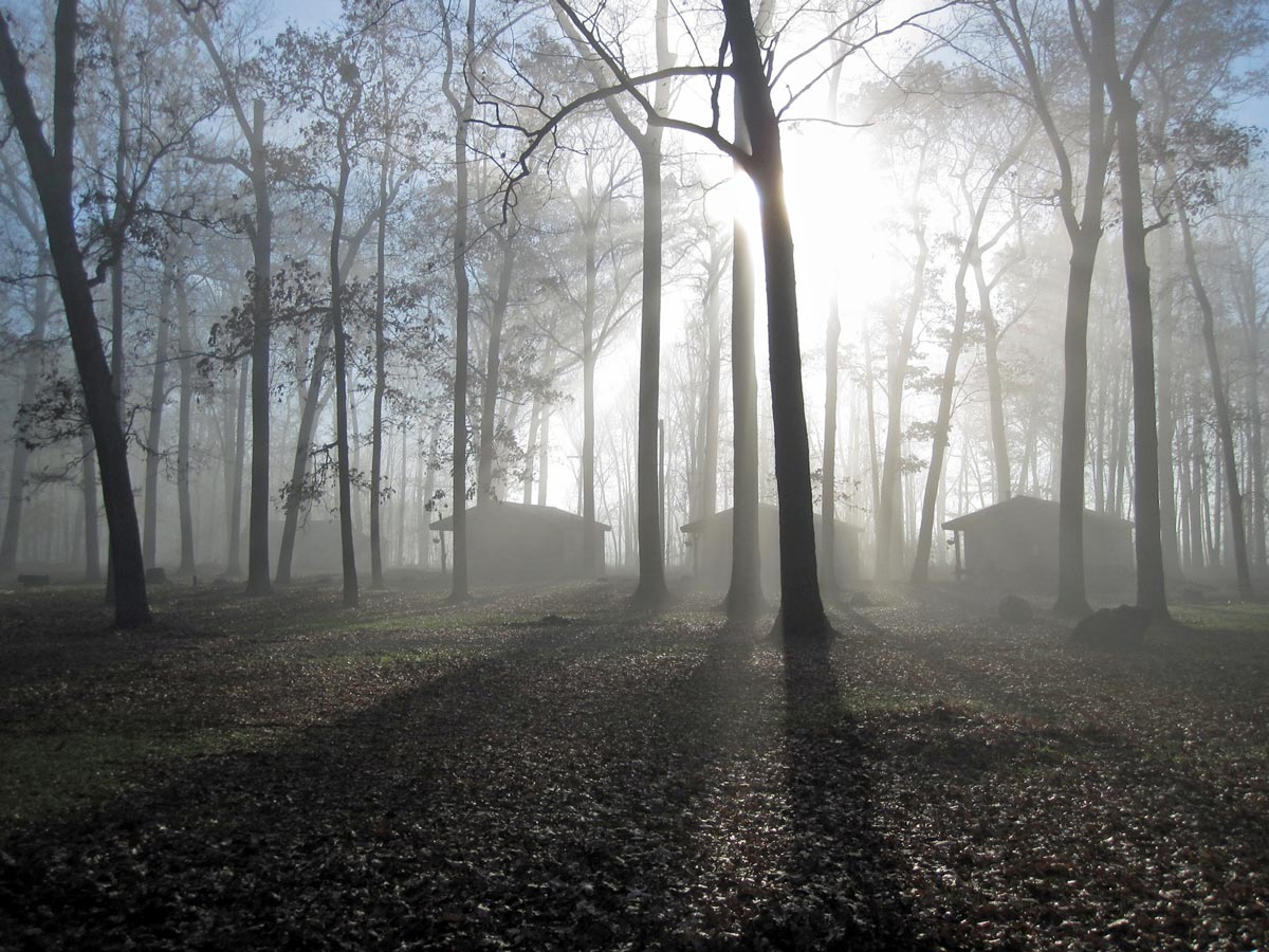 Camp Woodbury on a foggy, Fall morning